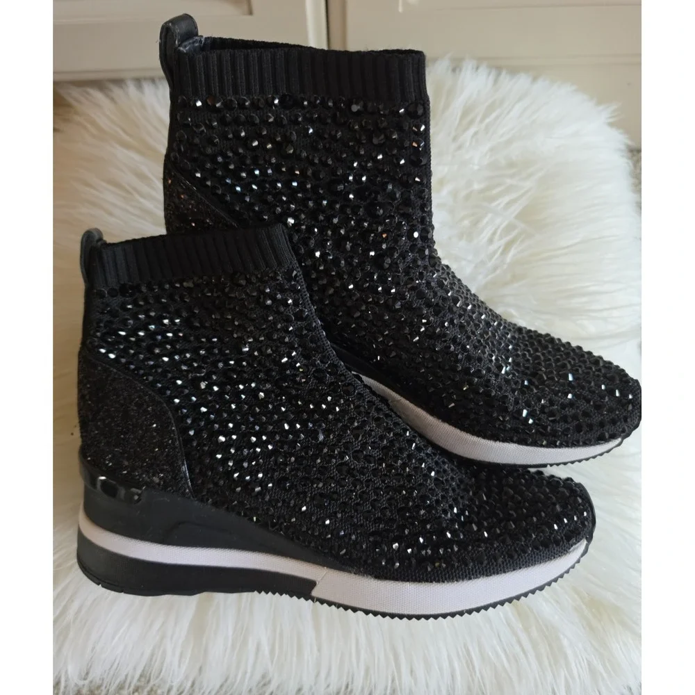 Michael Kors Black Skyler Stretch-Knit‎ Bootie Sock Crystal Embellishments -8.5M